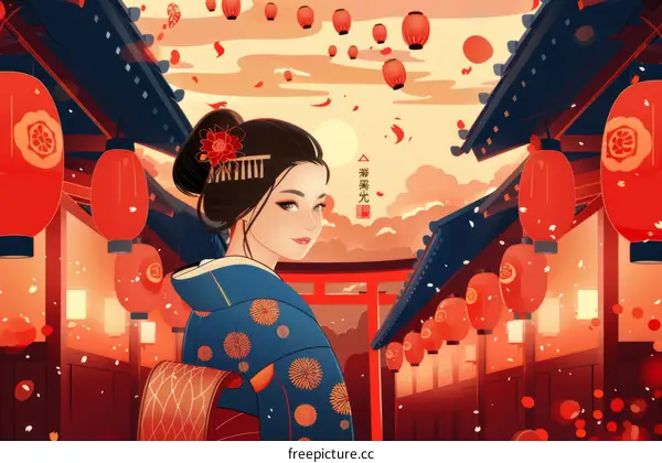 Illustration of a Geisha Wearing a Kimono