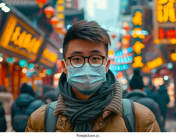 Portrait of a young Asian man wearing a mask in a crowded street market