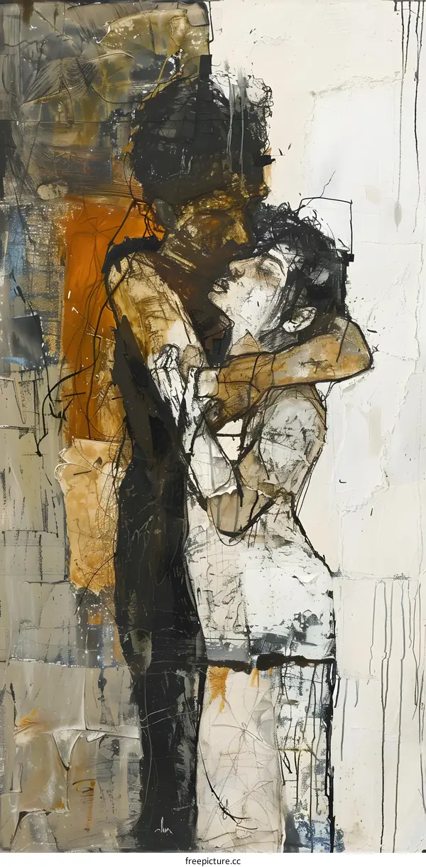 Abstract Painting of Two People Embracing