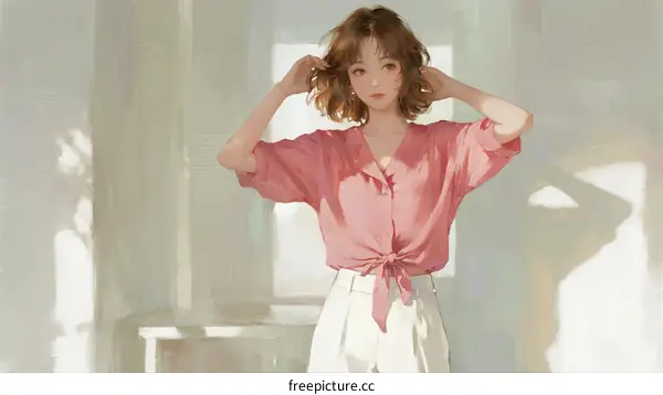 A Young Woman Wearing Pink Blouse with Tie Front in Bright Room