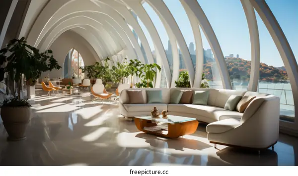 Modern interior design living room with large windows overlooking city skyline