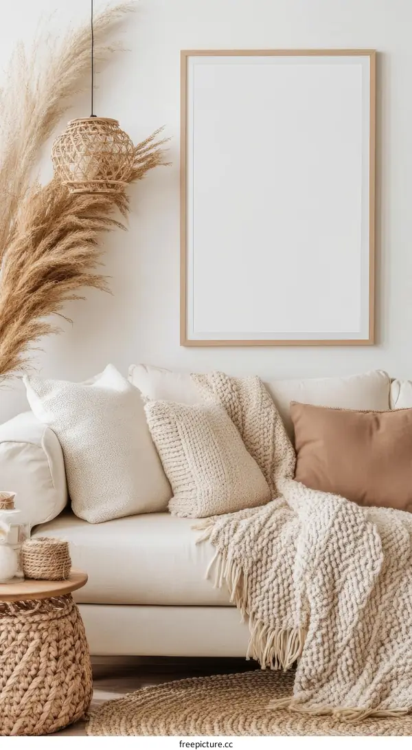 Cozy Beige Living Room Interior Design with Blank Frame