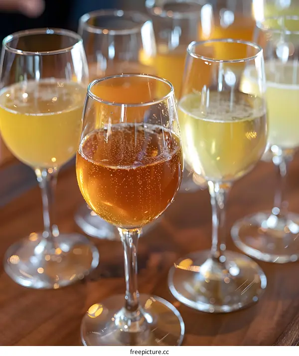 Close Up of Wine Glasses Filled With Different Colors of Wine on a Wooden Table