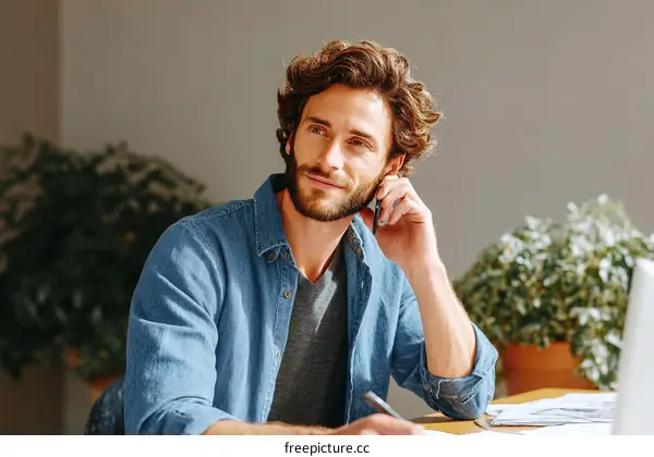 Caucasian Man Deep in Thought at a Desk