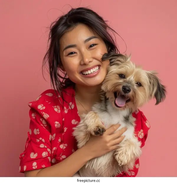 Asian woman with dog smiling at camera