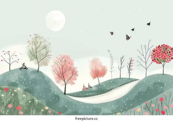 A whimsical illustration of a rural landscape with two cars driving on a winding road through hills and trees