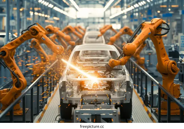 Car manufacturing robots welding a car body on a production line