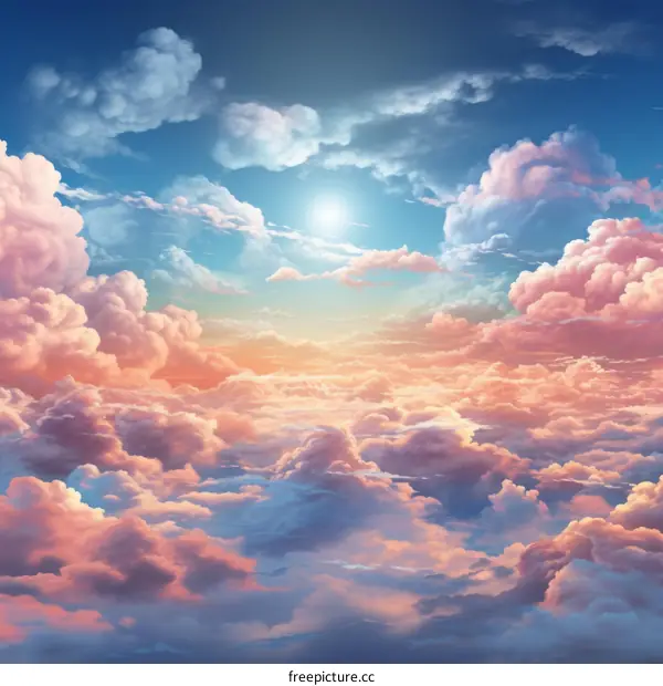 A beautiful cloudscape with a bright sun and a variety of cloud formations