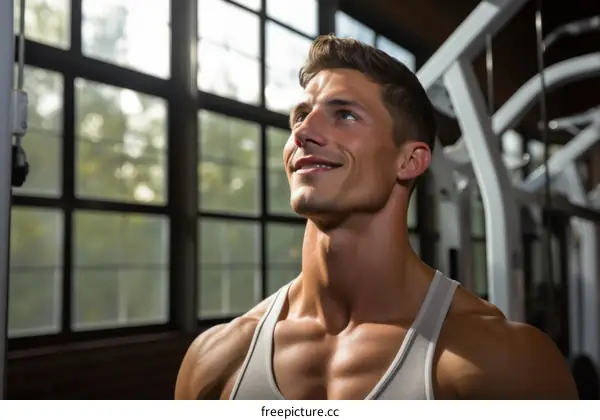 muscular man in a gray tank top looking up and smiling