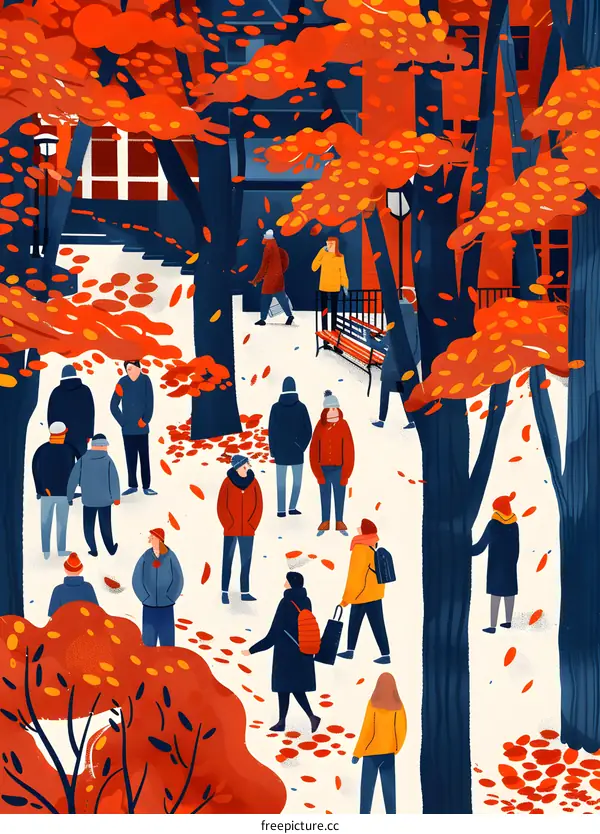People Walking in an Autumn Park Illustration