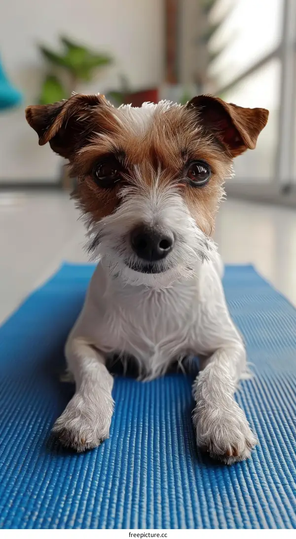 Cute Jack Russell Terrier Dog Posing on Blue Yoga Mat