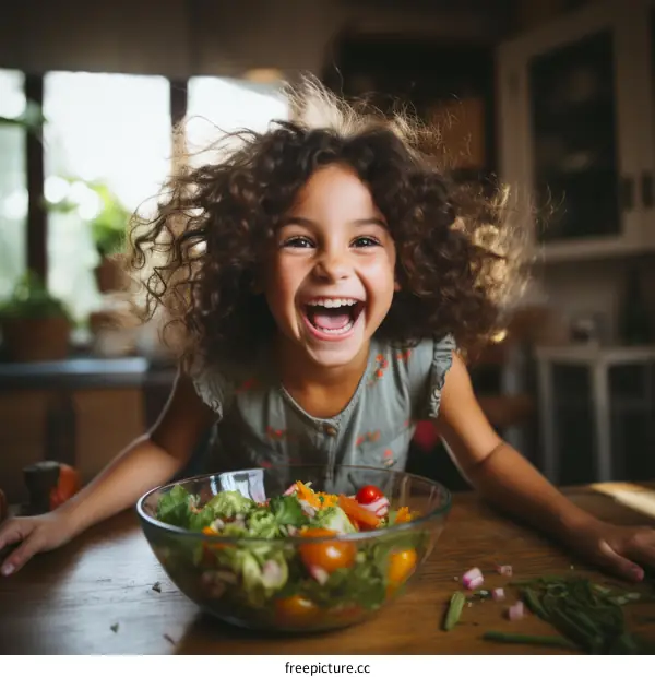 Little girl laughing with a bowl of salad