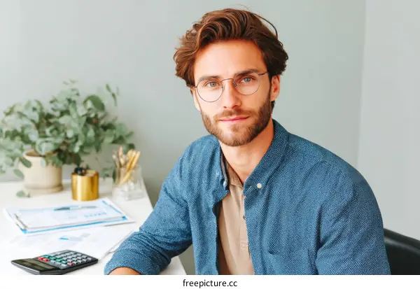 Businessman in a Blue Shirt Looking Directly at Camera