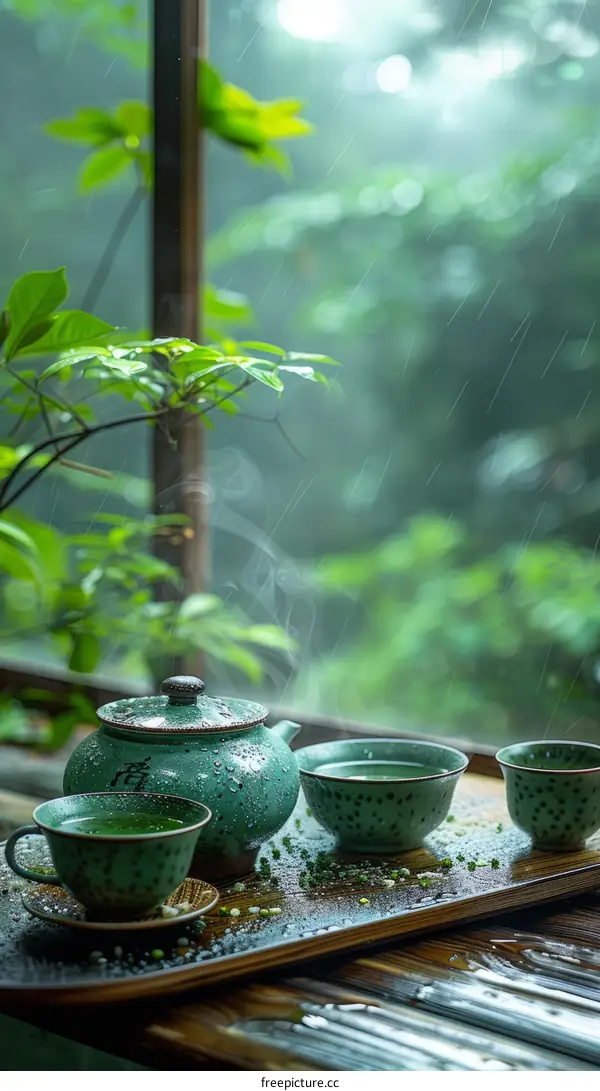 A ceramic teapot and two teacups on a wooden table by the window