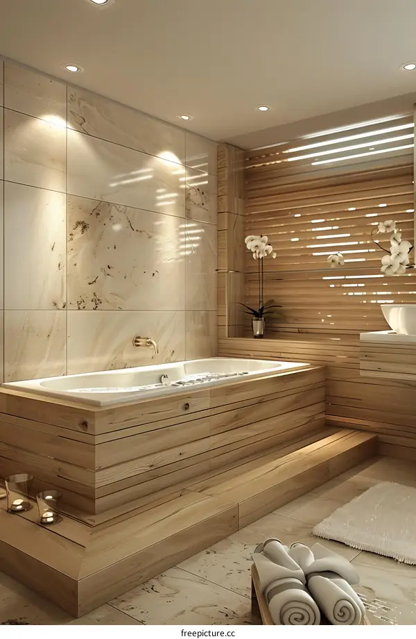 Modern Bathroom with Wooden Tub