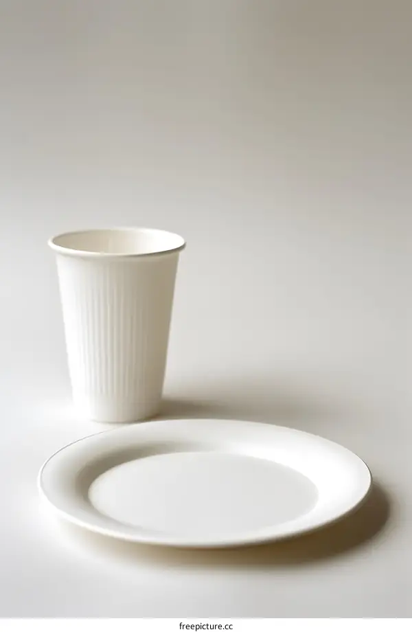 White Paper Cup and Plate on White Background