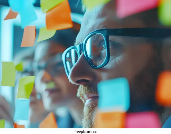 Close Up of Man with Glasses Looking at Sticky Notes on a Wall