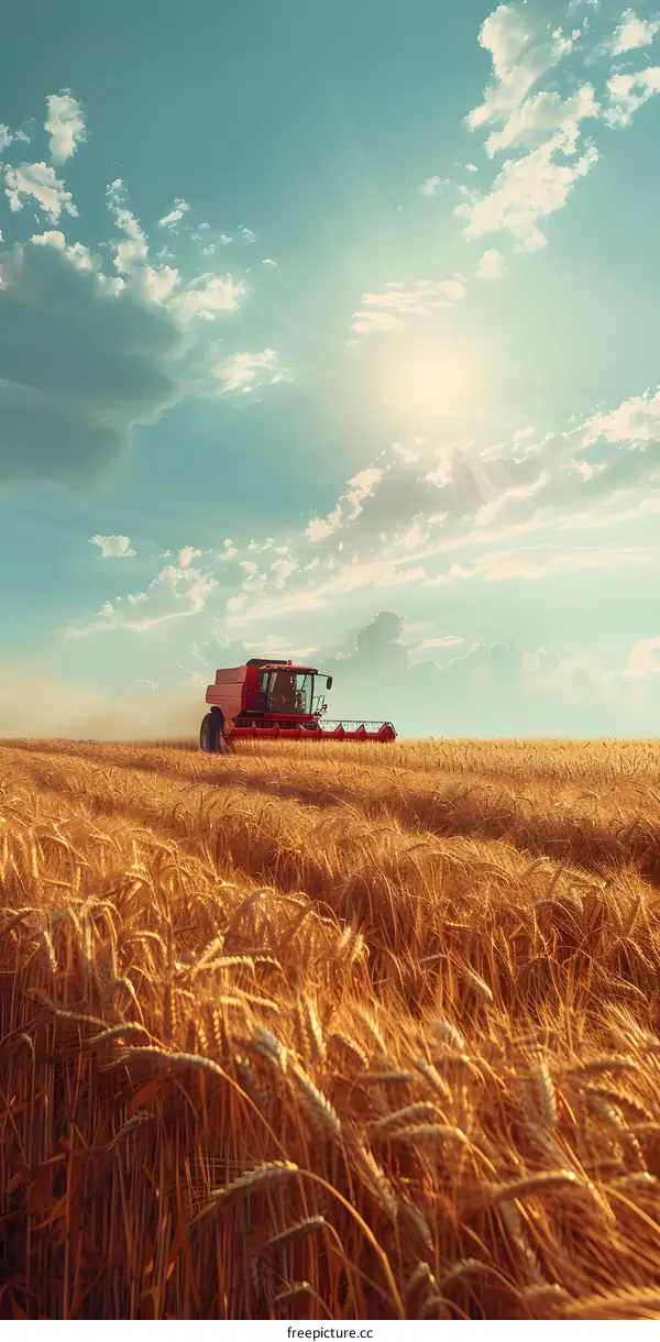 Combine Harvester in a Wheat Field at Sunset