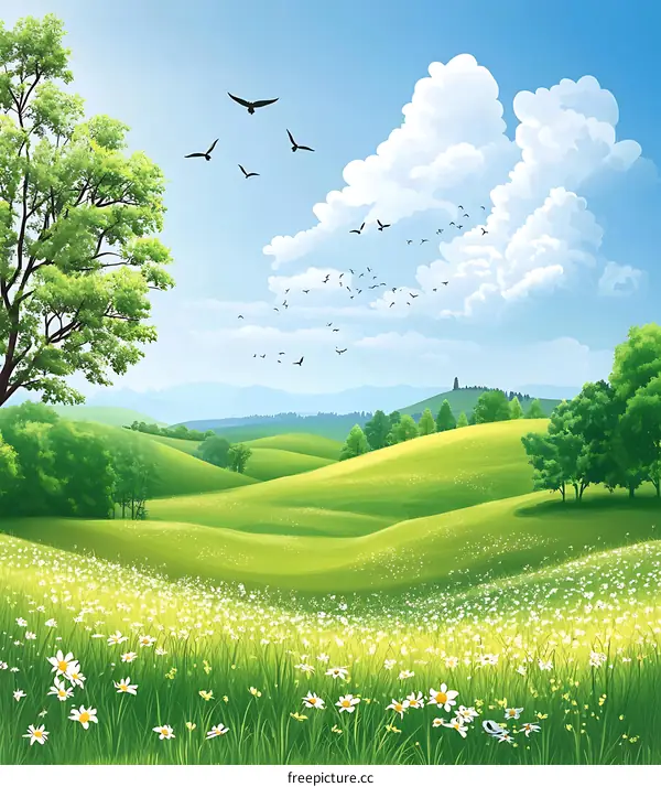 Green Meadow with Birds and Flowers