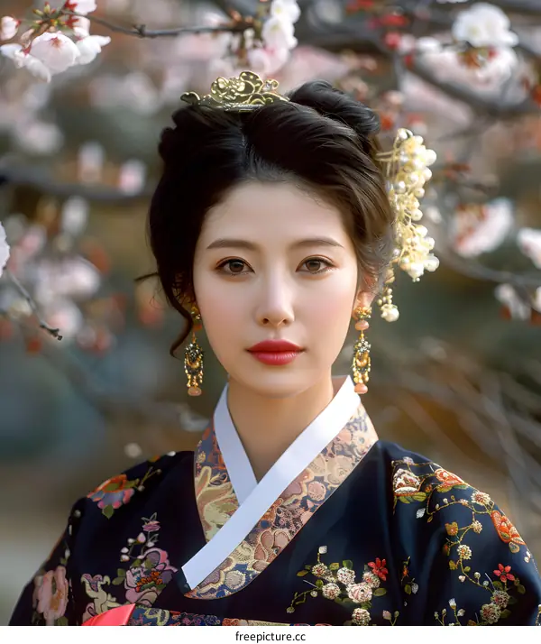 Beautiful Asian Woman in Traditional Korean Hanbok Dress with Cherry Blossoms