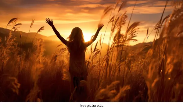 Young woman standing with arms raised in a field of tall grass at sunset