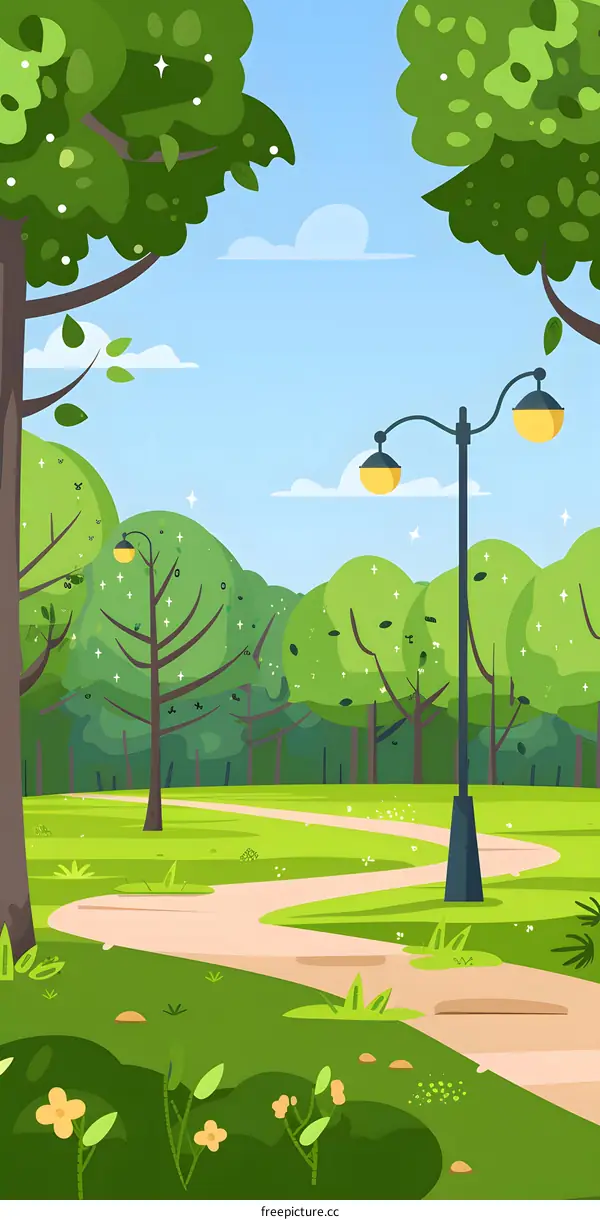 Green Forest Path With Winding Road and Lamp Post