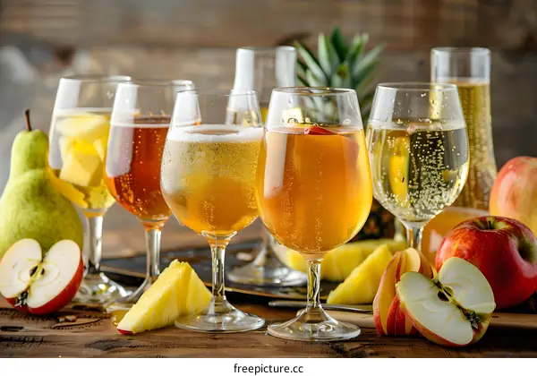 Assortment of Refreshing Apple Cider Cocktails with Fruits on a Rustic Wooden Table
