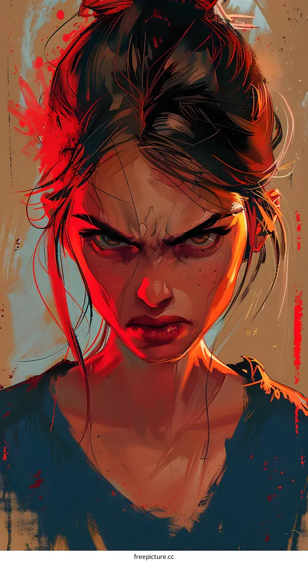 Portrait of a young woman with brown hair and red eyes