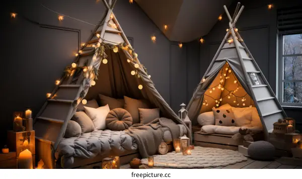 Two children's teepees with twinkle lights and pillows