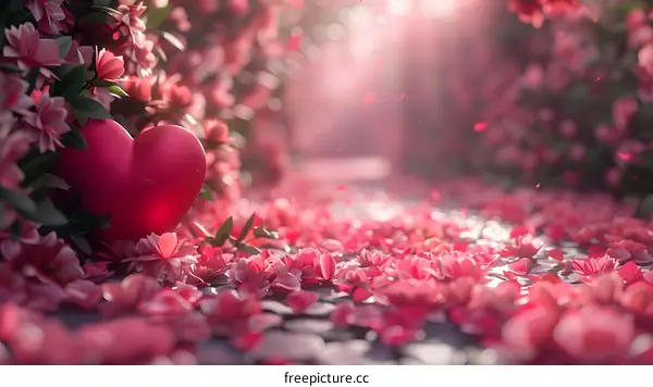A red heart in a park with cherry blossoms