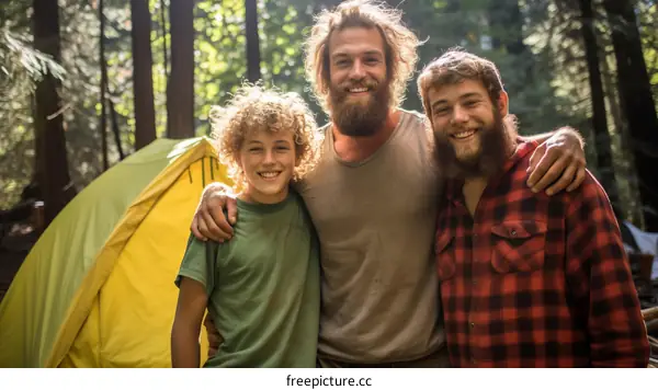 Three happy campers pose for a photo in the woods.