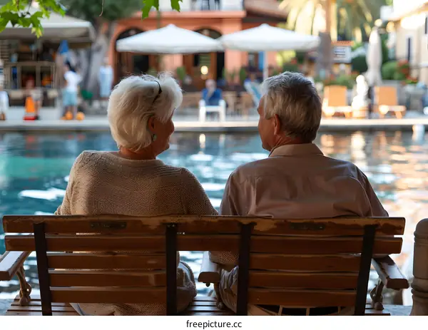 Senior Couple Sitting on a Bench by a Pool