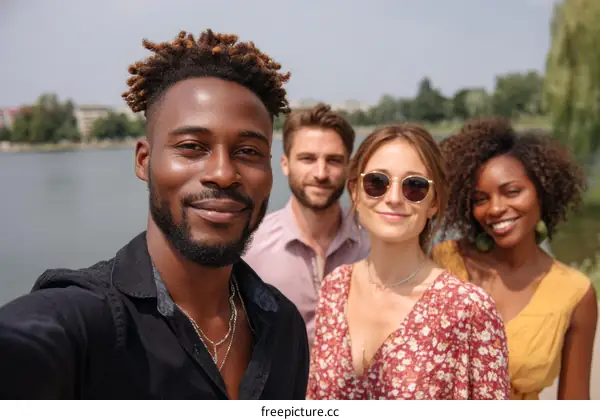 Four Diverse Friends Taking a Selfie by the Lake