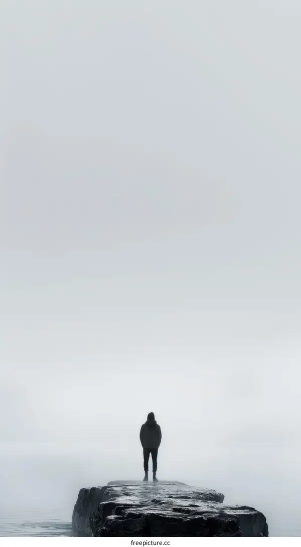 Man standing alone on a rock in the middle of the sea