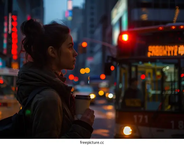 A woman waiting for the bus at night in the city