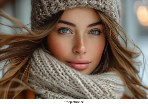 portrait of a beautiful young woman with freckles and blue eyes wearing a brown knitted hat and scarf