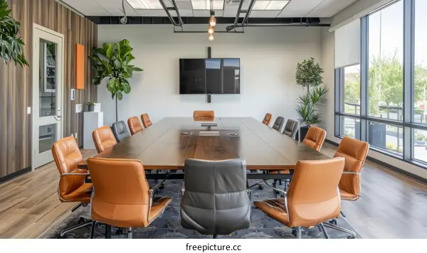 Wooden Conference Table and Brown Leather Chairs in a Modern Conference Room