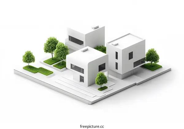 White Modern House Architectural Model with Trees