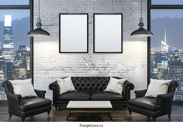 Modern Living Room with Two Empty Frames and City View