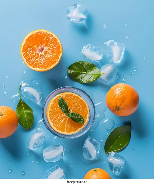 Fresh Orange Slices with Ice Cubes and Leaves on Blue Background