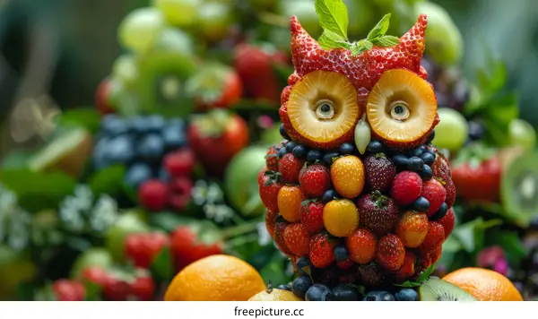 A fruit owl sculpture made of strawberries, blueberries, and other fruits