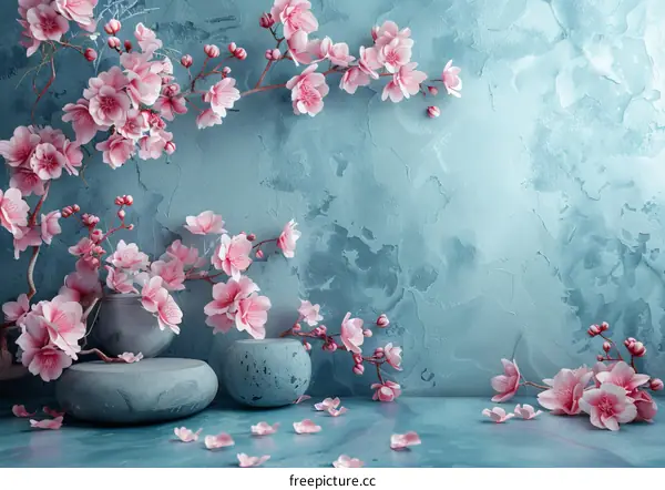 Pink Cherry Blossom Branches on Blue Textured Wall