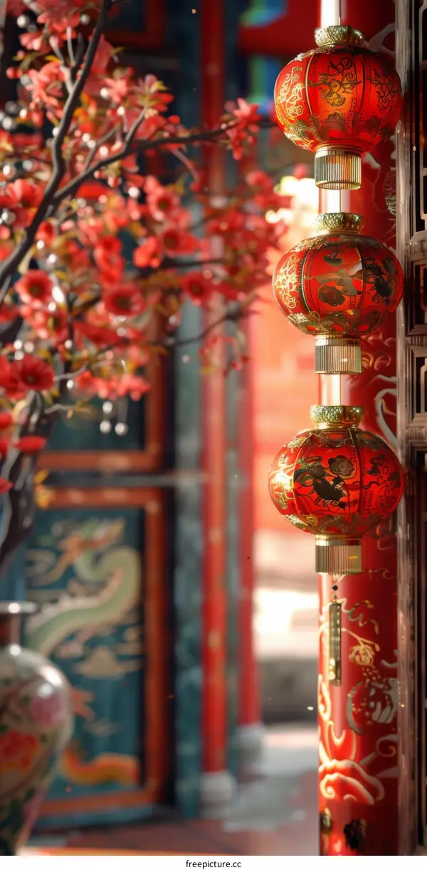 Traditional Chinese Architecture with Red Lanterns and Pink Blossoms