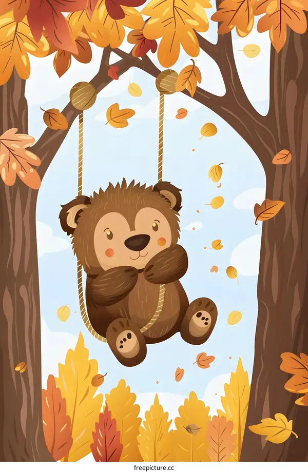 Cute Bear on a Swing in Autumn Leaves