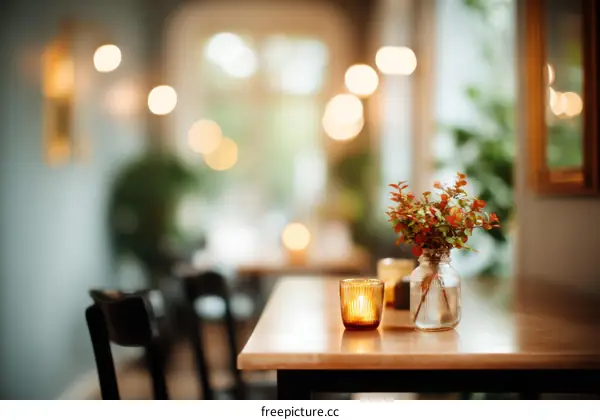 Cozy Cafe Interior with Warm Lighting and Plants