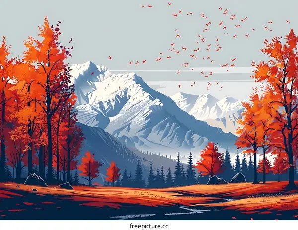 Mountain Landscape with Autumn Trees and Birds Flying