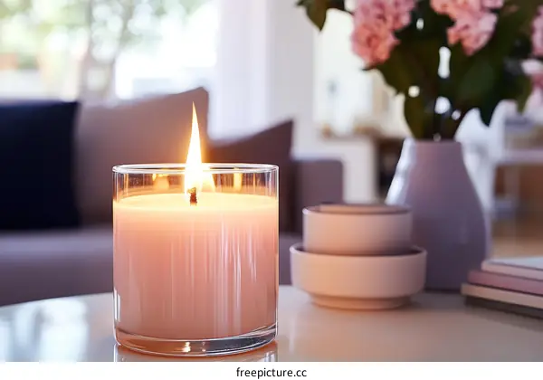 Scented Candle on a Coffee Table in a Living Room