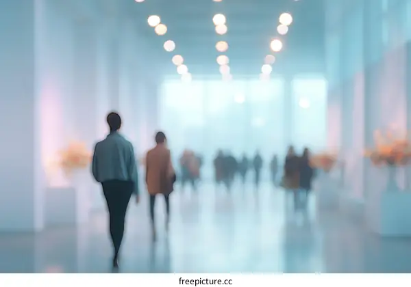 Blurred Gallery Interior with People Walking