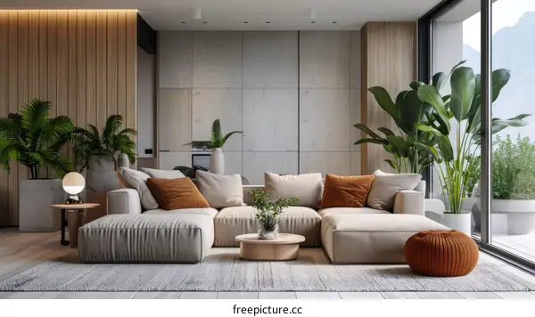 Modern living room interior with sofa, plants and large windows