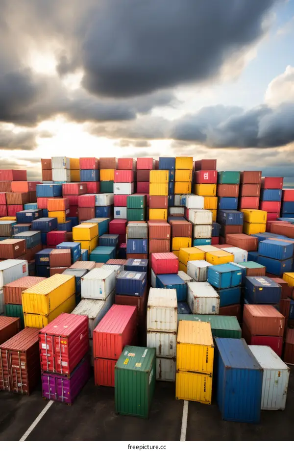 A large stack of multicolored cargo containers at a shipping yard with storm clouds in the background